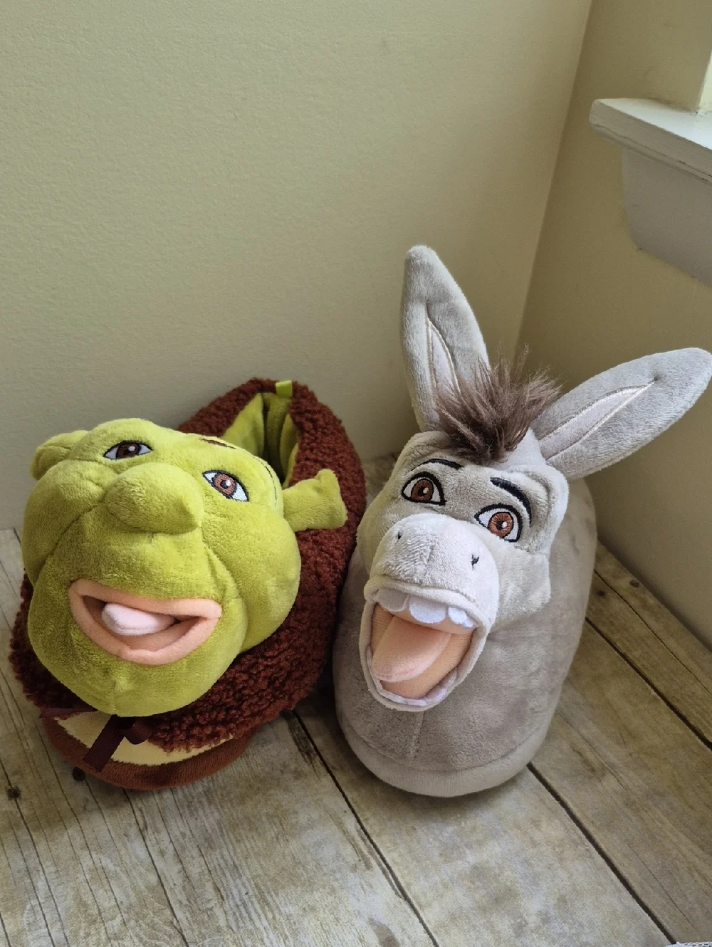 Shrek & Donkey Plush Slipper Pair - Green and Gray, Unisex - Picture 1 of 12